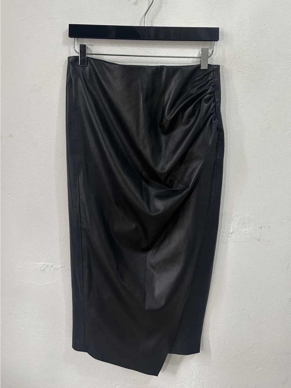 Jason Wu Vegan Leather Midi Pencil Skirt Women’s Size 10 Black Ruched Draped